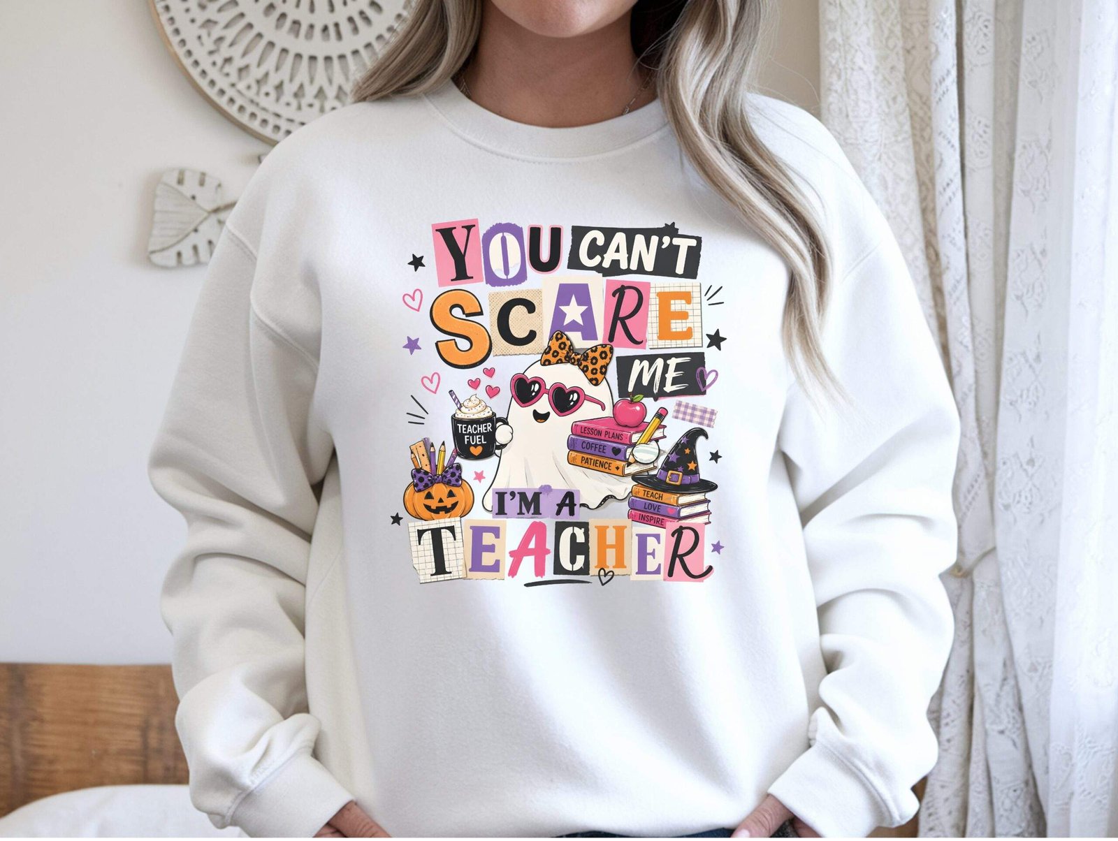 You Can't Scare Me I'm a Teacher Crewneck Sweatshirt – Funny Halloween Teacher Sweatshirt