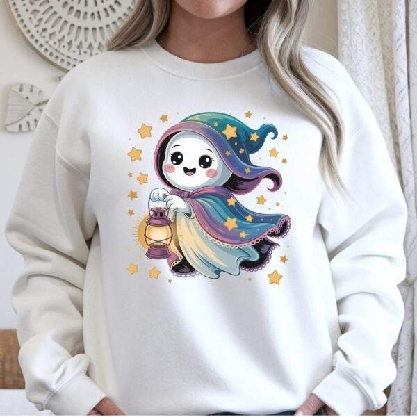 Cute Halloween Ghost Crewneck – Kawaii Witchy Ghost & Magical Stars Sweatshirt