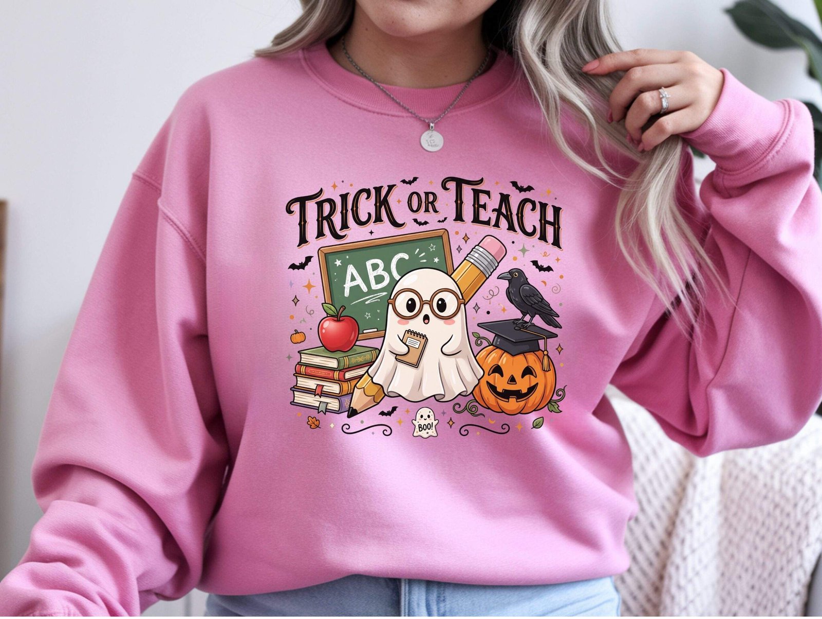 Trick or Teach Crewneck Sweatshirt – Funny Halloween Teacher Sweatshirt - Image 2