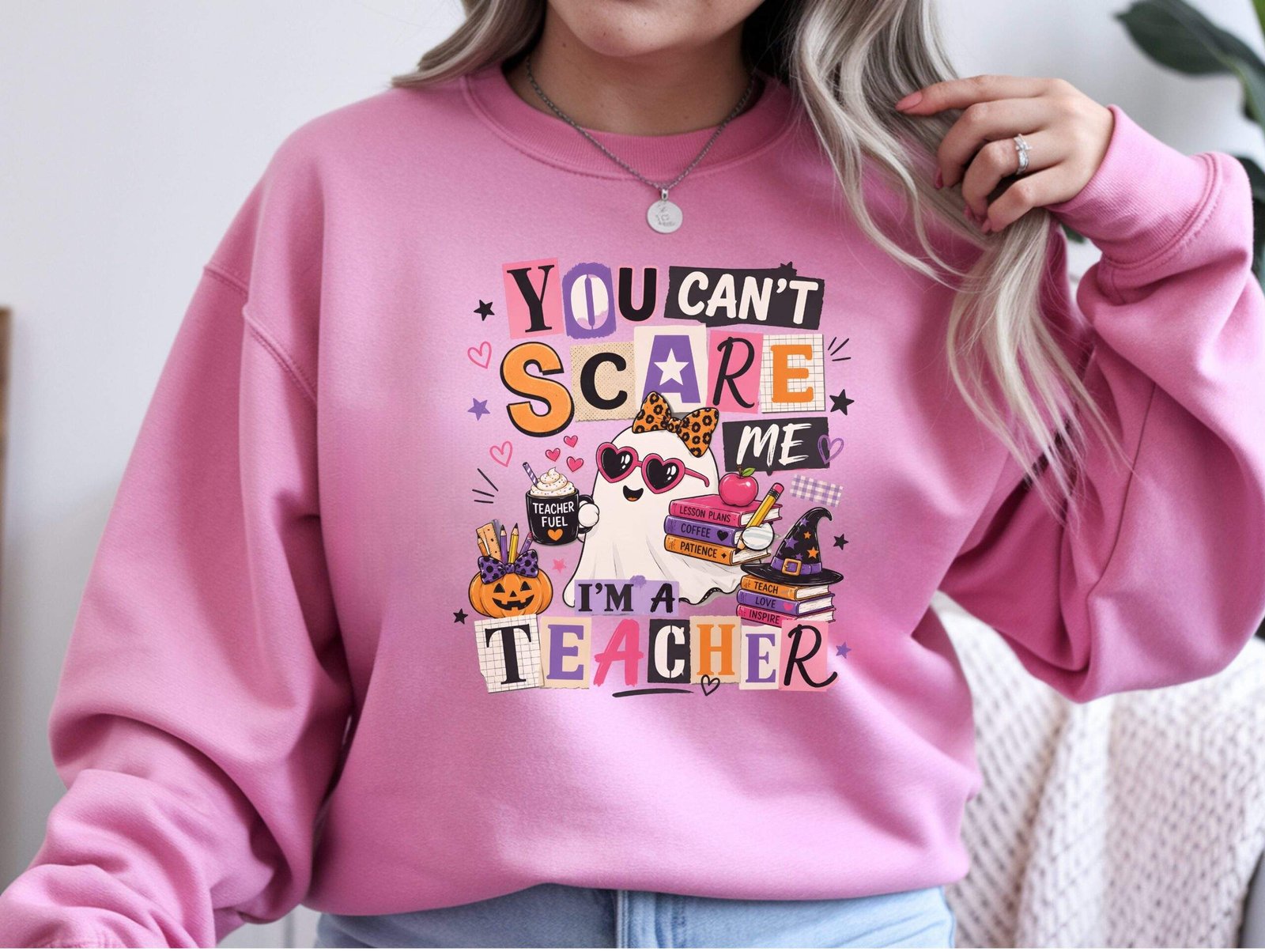 You Can't Scare Me I'm a Teacher Crewneck Sweatshirt – Funny Halloween Teacher Sweatshirt - Image 2