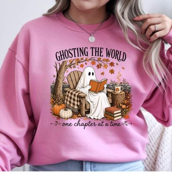 Ghosting the World Halloween Crewneck – Cozy Ghost Reading Book Sweatshirt