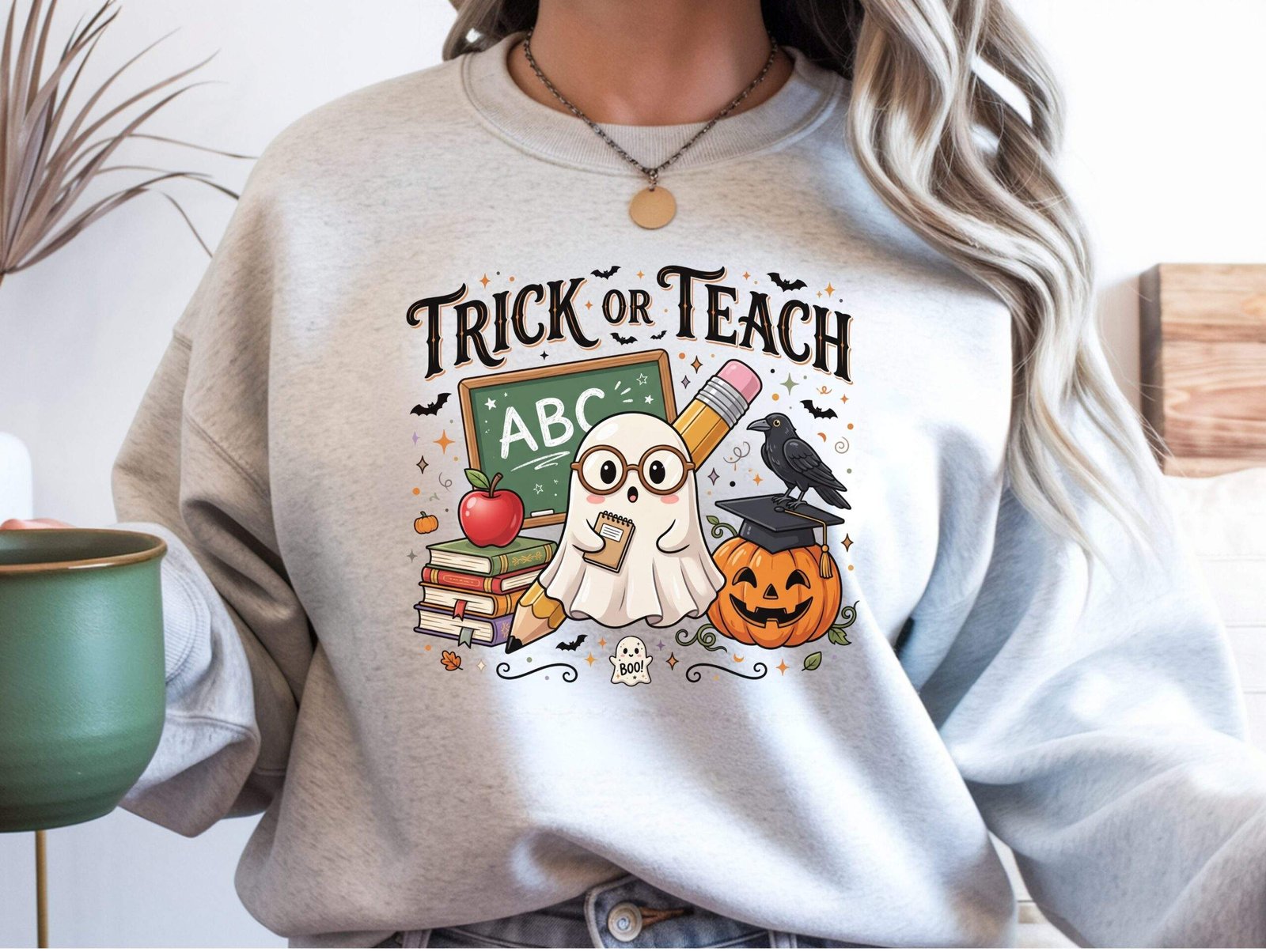 Trick or Teach Crewneck Sweatshirt – Funny Halloween Teacher Sweatshirt - Image 3