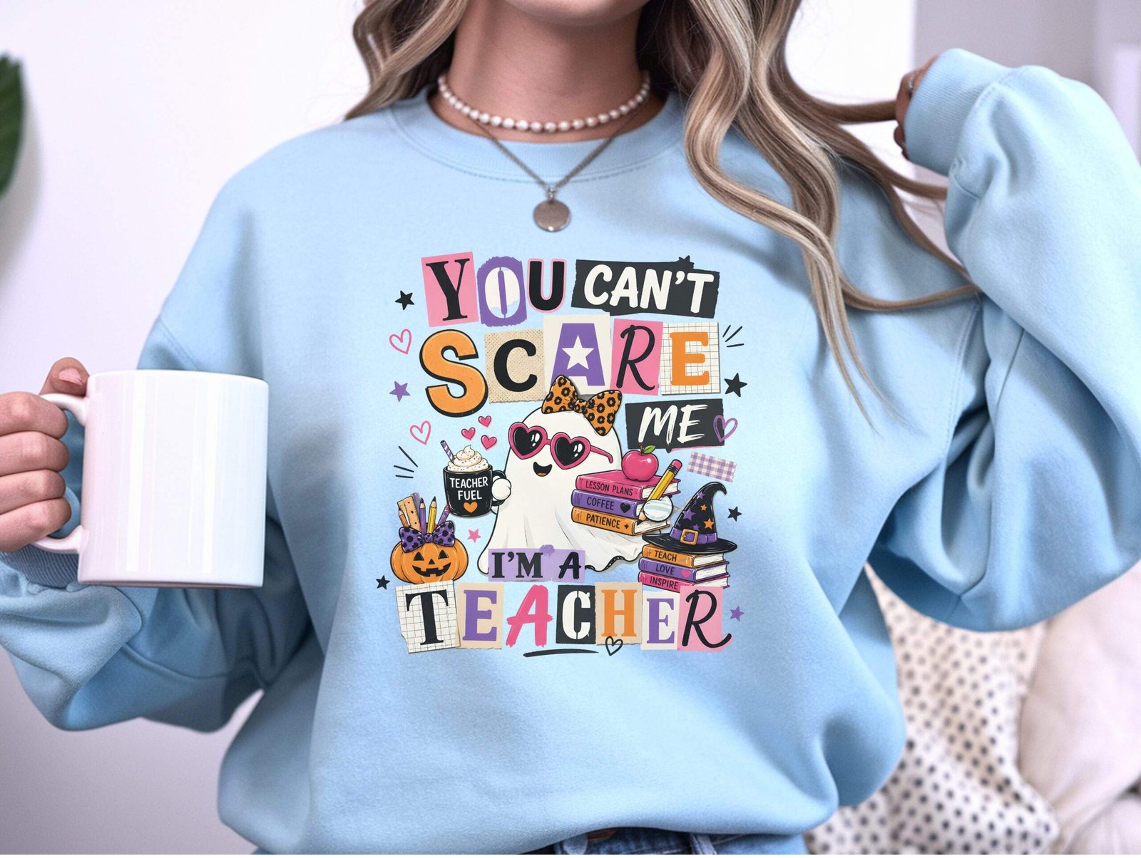 You Can't Scare Me I'm a Teacher Crewneck Sweatshirt – Funny Halloween Teacher Sweatshirt - Image 4