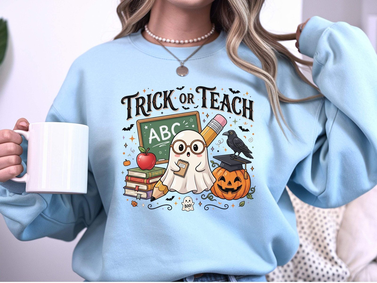 Trick or Teach Crewneck Sweatshirt – Funny Halloween Teacher Sweatshirt - Image 4