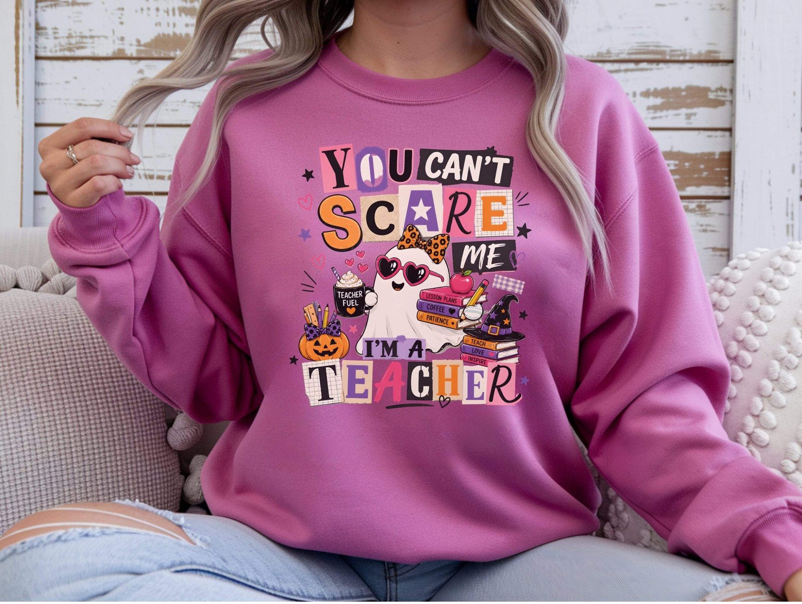 You Can't Scare Me I'm a Teacher Crewneck Sweatshirt – Funny Halloween Teacher Sweatshirt - Image 5