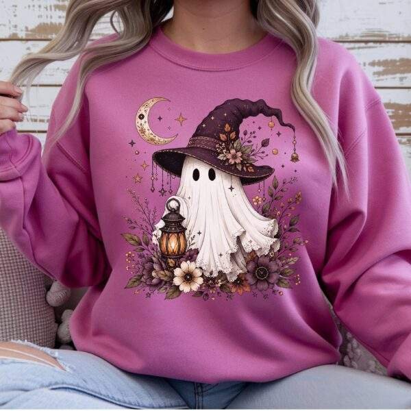Witchy Ghost Halloween Crewneck – Magical Ghost & Witch Hat Spooky Sweatshirt