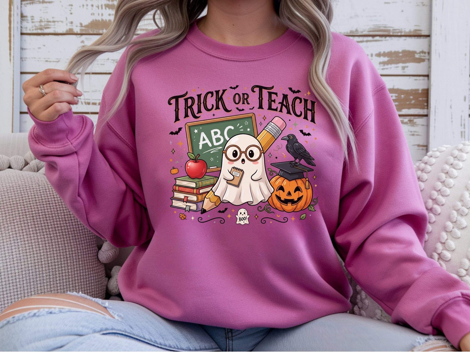 Trick or Teach Crewneck Sweatshirt – Funny Halloween Teacher Sweatshirt - Image 5